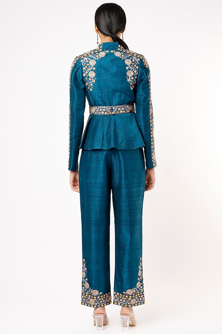 Teal Blue Embroidered Peplum Jacket Set by Pinnacle By Shruti Sancheti at Pernia's Pop Up Shop