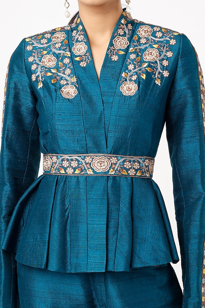 Teal Blue Embroidered Peplum Jacket Set by Pinnacle By Shruti Sancheti at Pernia's Pop Up Shop