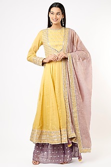 Light Yellow Thin Chanderi Anarkali Set by Pinnacle By Shruti Sancheti-PINNACLE BY SHRUTI SANCHETI