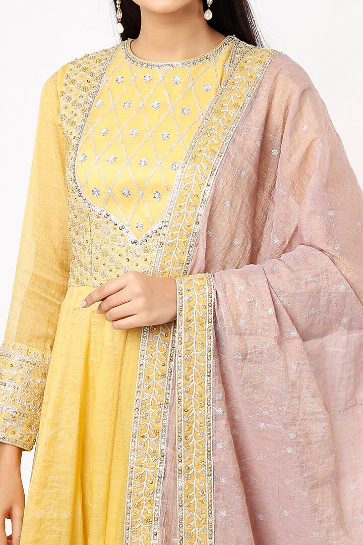 Light Yellow Thin Chanderi Bridal Anarkali Set by Pinnacle By Shruti Sancheti at Pernia's Pop Up Shop