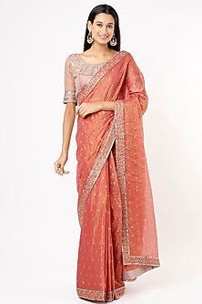 Rust Gold Tissue Saree Set by Pinnacle By Shruti Sancheti-PINNACLE BY SHRUTI SANCHETI