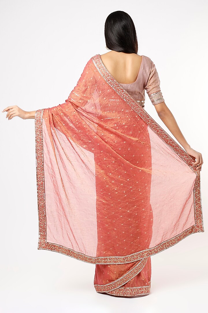 Rust Gold Tissue Wedding Saree Set by Pinnacle By Shruti Sancheti at Pernia's Pop Up Shop