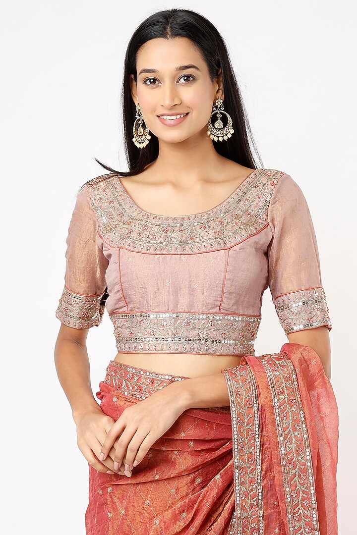 Rust Gold Tissue Wedding Saree Set by Pinnacle By Shruti Sancheti at Pernia's Pop Up Shop
