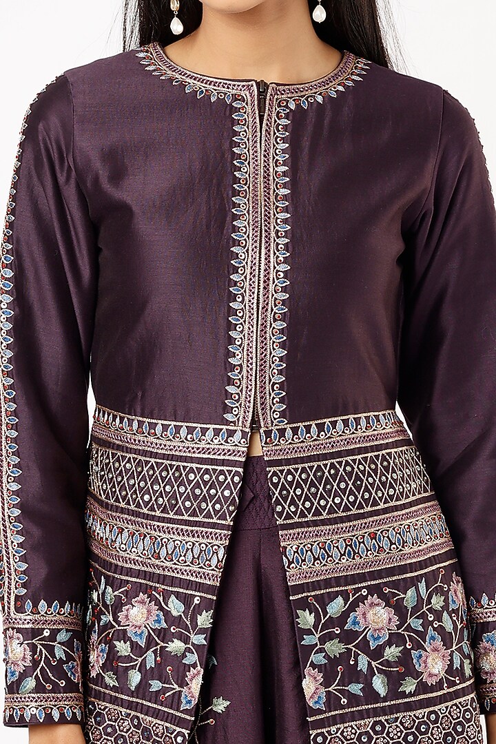 Deep Purple Embroidered Jacket Set by Pinnacle By Shruti Sancheti at Pernia's Pop Up Shop