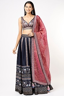 Dark Navy Blue Embroidered Kalidar Lehenga Set by Pinnacle By Shruti Sancheti-PINNACLE BY SHRUTI SANCHETI