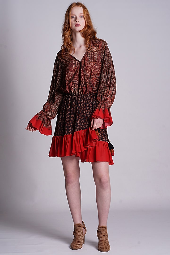 Brown & Red Printed Mini Dress by Pinnacle By Shruti Sancheti