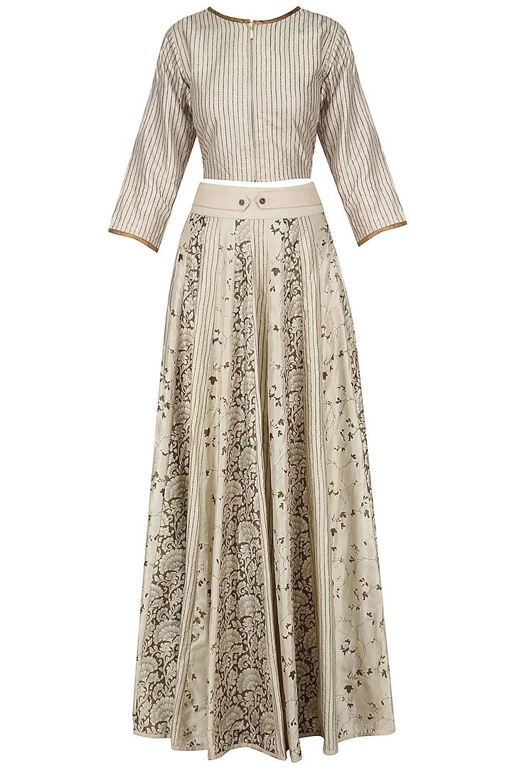 Ivory Stripe Print Crop Top and Skirt Set by Pinnacle By Shruti Sancheti