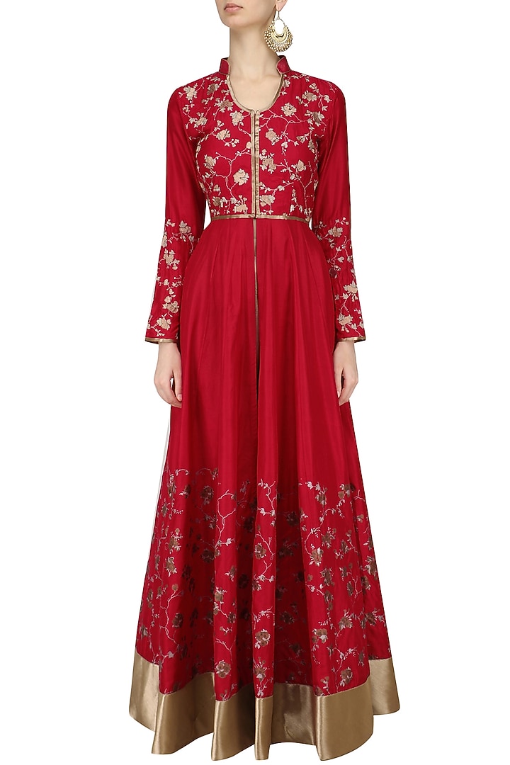 Red cracker print kalidaar kurta with beige pants available only at Pernia's Pop Up Shop.