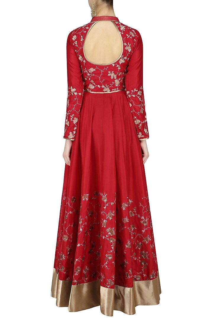 Red cracker print kalidaar kurta with beige pants available only at Pernia's Pop Up Shop.