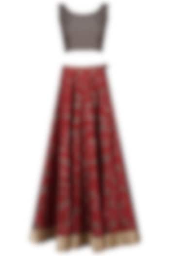 Red Cracker Print Lehenga Skirt with Grey Blouse by Pinnacle By Shruti Sancheti