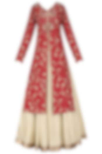 Red Cracker Print Kurta and Beige Skirt Set by Pinnacle By Shruti Sancheti