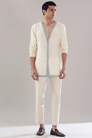 Cream Weave Cotton Kurta Set by PUNEET KAPOOR LABEL