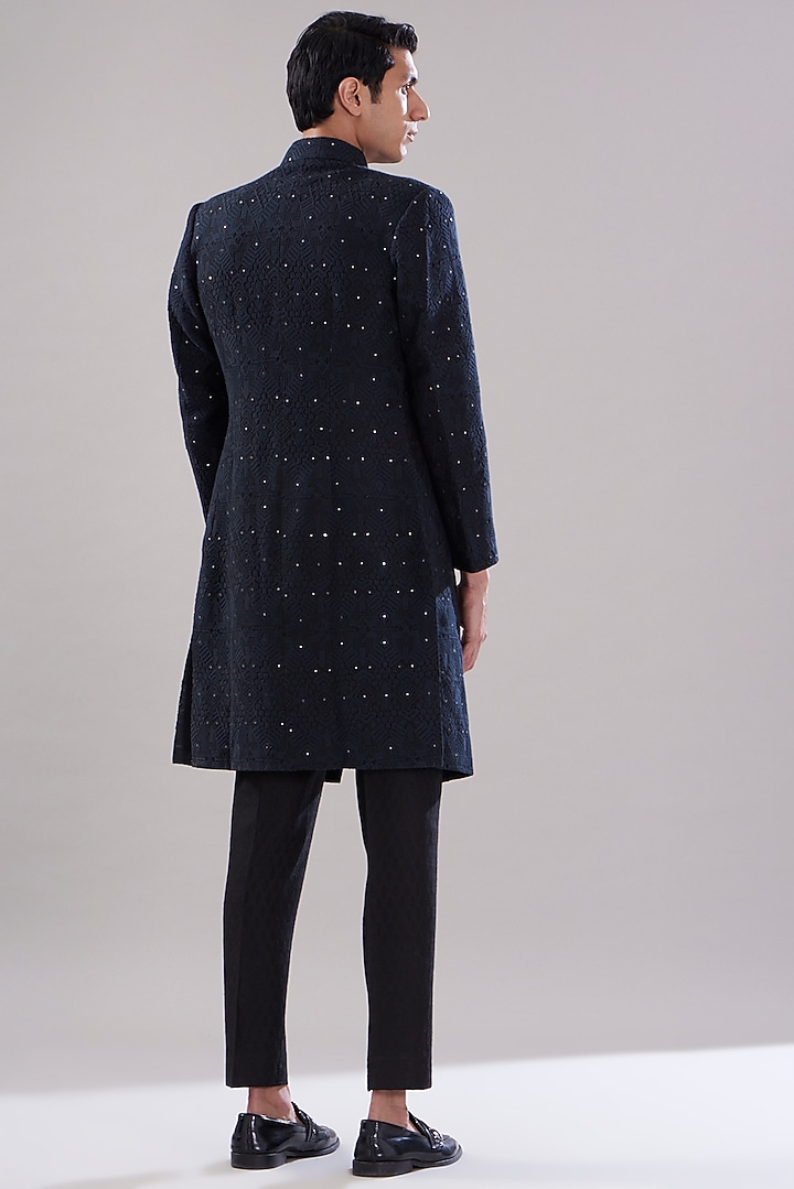 Black Texture Cotton Imported Embroidered Wedding Indowestern Set by PUNEET KAPOOR LABEL at Pernia's Pop Up Shop