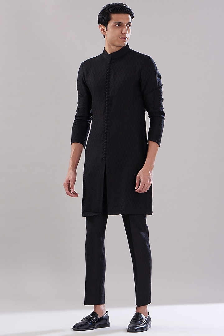 Black Texture Cotton Imported Embroidered Wedding Indowestern Set by PUNEET KAPOOR LABEL at Pernia's Pop Up Shop