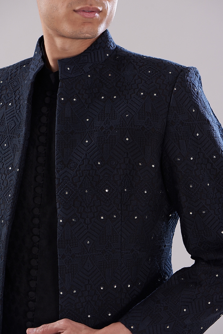 Black Texture Cotton Imported Embroidered Wedding Indowestern Set by PUNEET KAPOOR LABEL at Pernia's Pop Up Shop