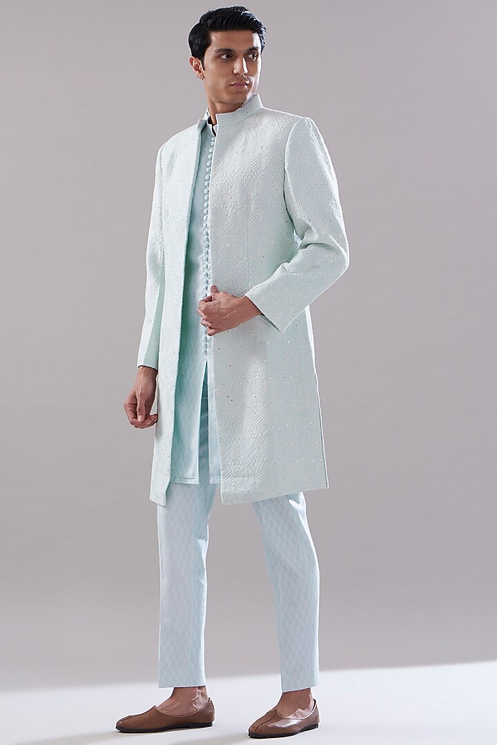 Blue Texture Cotton Imported Embroidered Wedding Indowestern Set by PUNEET KAPOOR LABEL at Pernia's Pop Up Shop