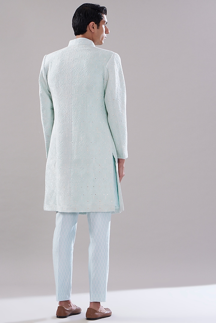 Blue Texture Cotton Imported Embroidered Wedding Indowestern Set by PUNEET KAPOOR LABEL at Pernia's Pop Up Shop