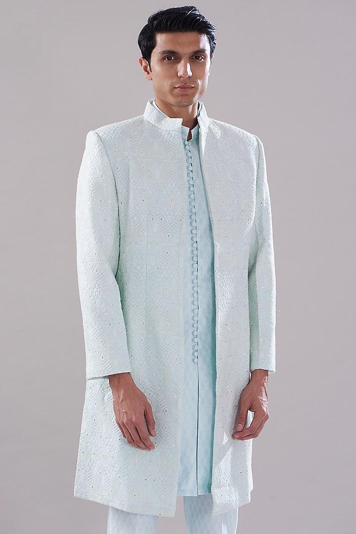 Blue Texture Cotton Imported Embroidered Wedding Indowestern Set by PUNEET KAPOOR LABEL at Pernia's Pop Up Shop
