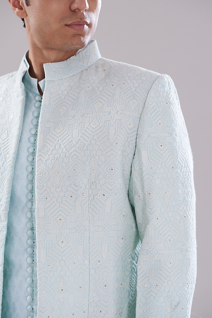 Blue Texture Cotton Imported Embroidered Wedding Indowestern Set by PUNEET KAPOOR LABEL at Pernia's Pop Up Shop