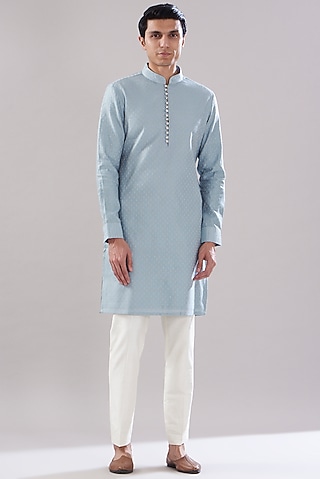Blue Brocade Cotton Embroidered Kurta Set by PUNEET KAPOOR LABEL