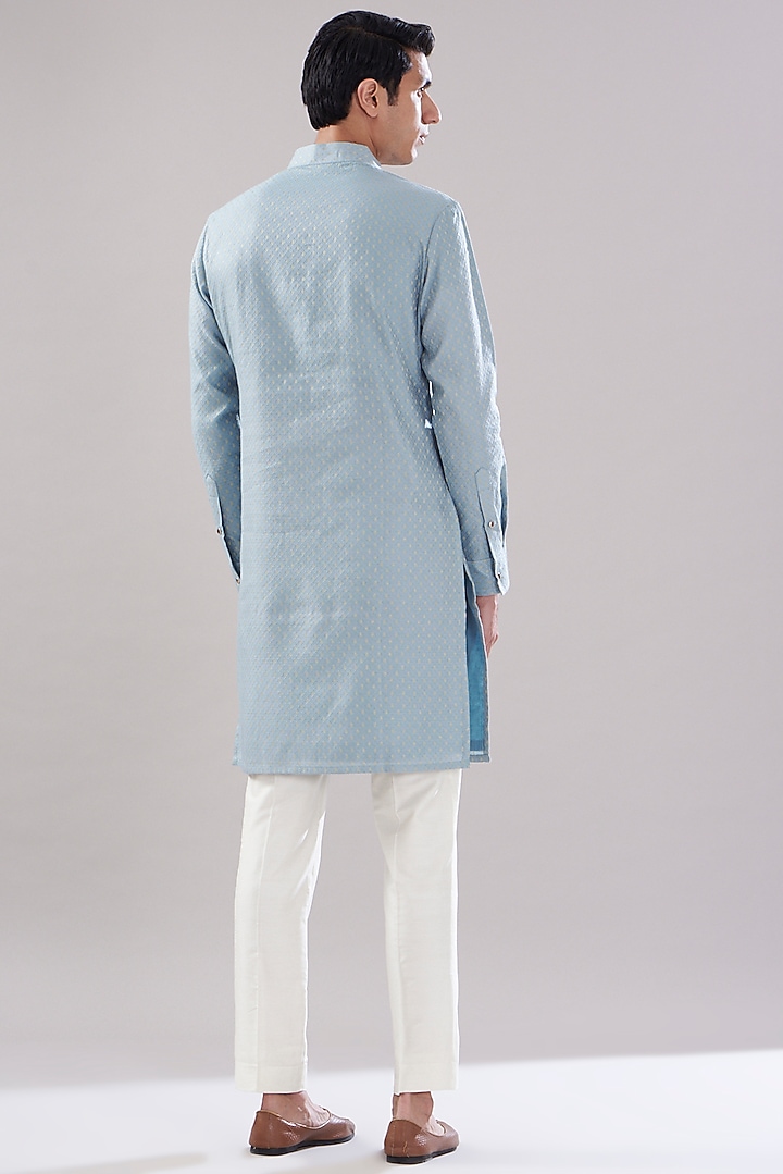 Blue Brocade Cotton Embroidered Kurta Set by PUNEET KAPOOR LABEL at Pernia's Pop Up Shop