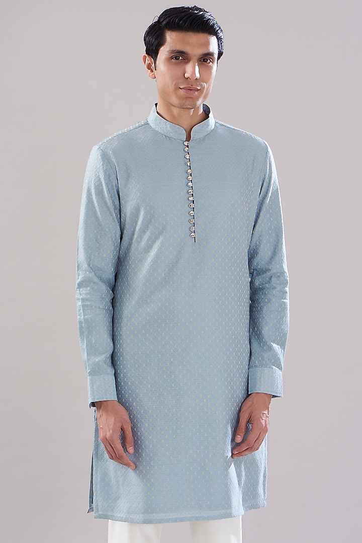 Blue Brocade Cotton Embroidered Kurta Set by PUNEET KAPOOR LABEL at Pernia's Pop Up Shop