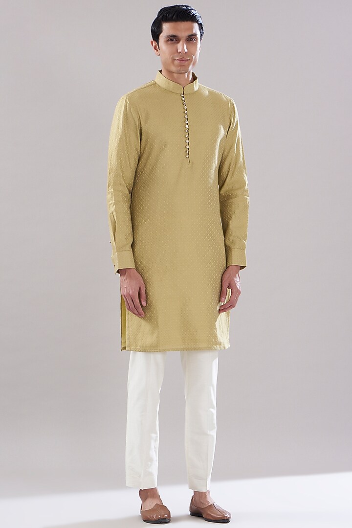Mustard Brocade Cotton Embroidered Kurta Set by PUNEET KAPOOR LABEL at Pernia's Pop Up Shop