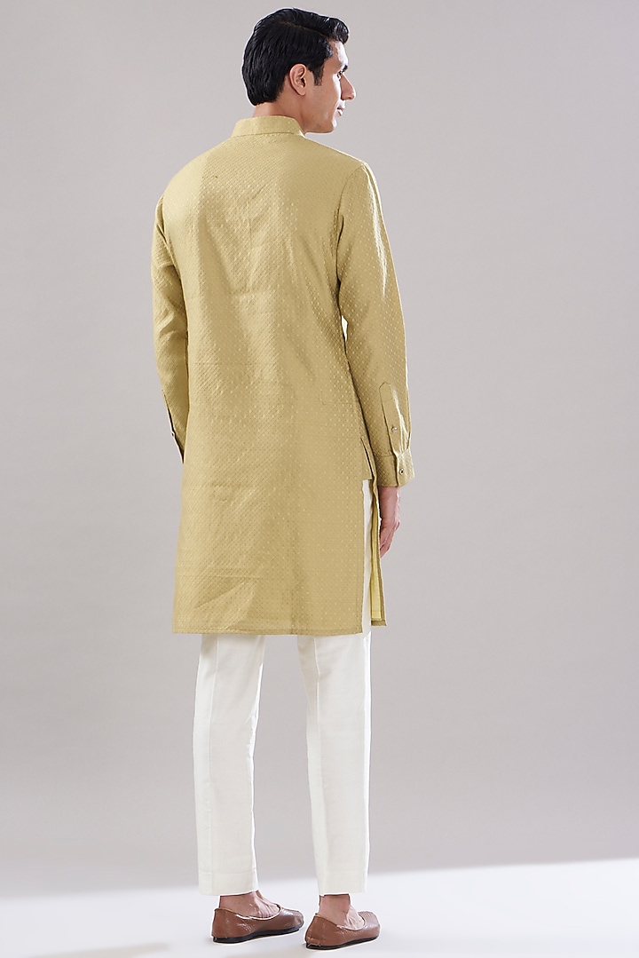 Mustard Brocade Cotton Embroidered Kurta Set by PUNEET KAPOOR LABEL at Pernia's Pop Up Shop