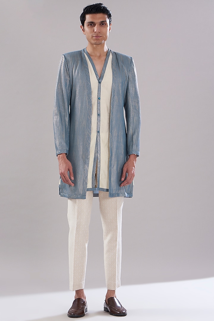 Blue Weave Cotton Wedding Indowestern Set by PUNEET KAPOOR LABEL at Pernia's Pop Up Shop