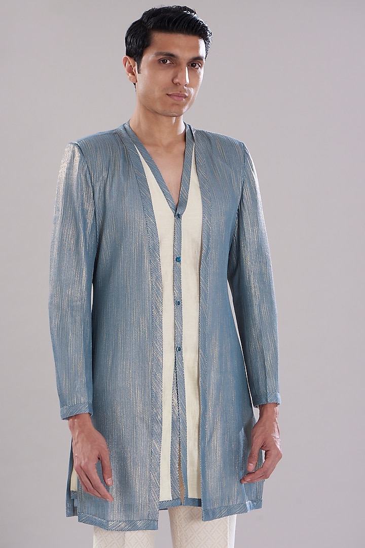Blue Weave Cotton Wedding Indowestern Set by PUNEET KAPOOR LABEL at Pernia's Pop Up Shop
