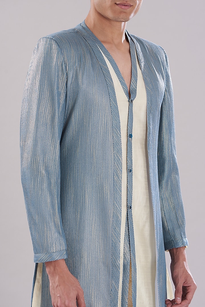 Blue Weave Cotton Wedding Indowestern Set by PUNEET KAPOOR LABEL at Pernia's Pop Up Shop