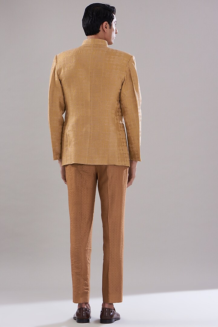 Mustard Yellow Moonga Silk Embroidered Wedding Bandhgala Set by PUNEET KAPOOR LABEL at Pernia's Pop Up Shop