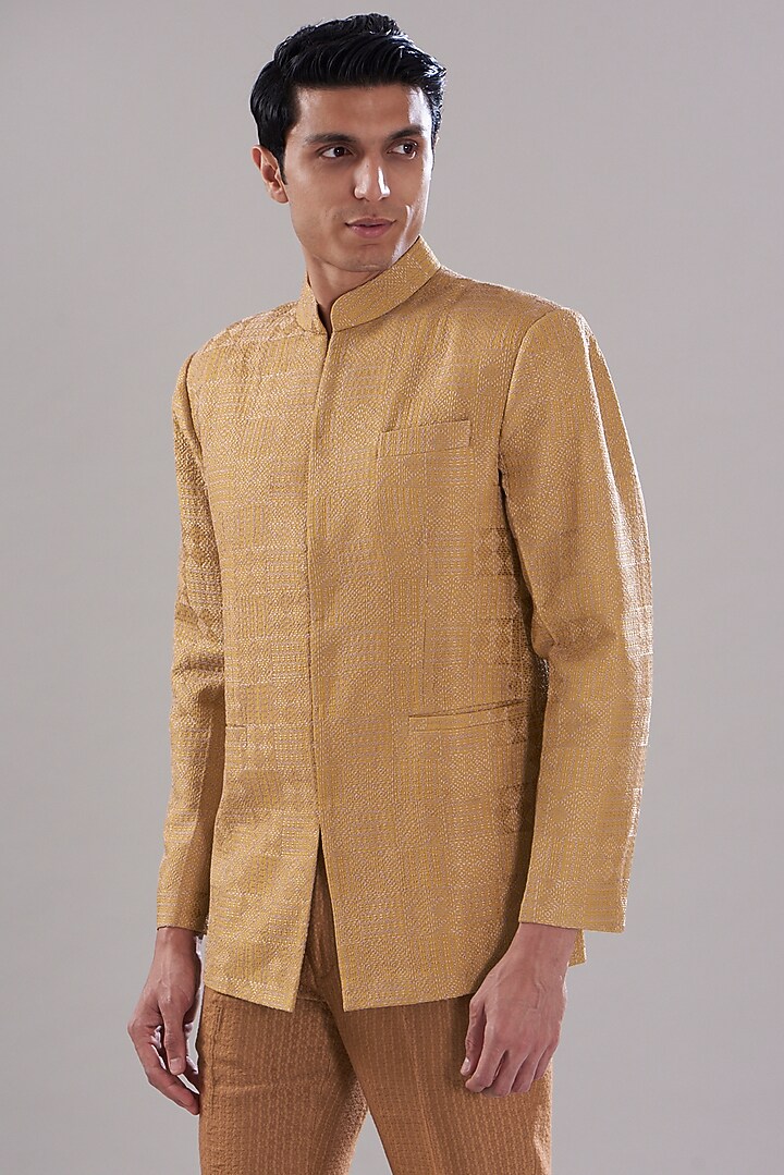 Mustard Yellow Moonga Silk Embroidered Wedding Bandhgala Set by PUNEET KAPOOR LABEL at Pernia's Pop Up Shop