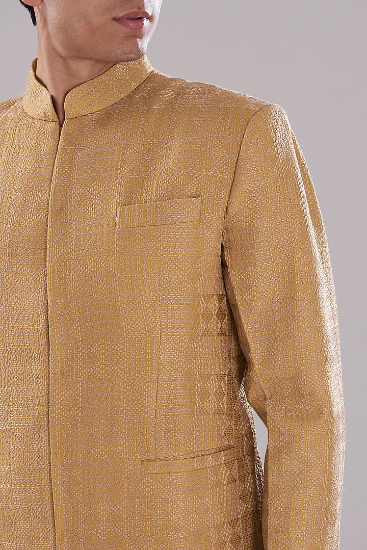 Mustard Yellow Moonga Silk Embroidered Wedding Bandhgala Set by PUNEET KAPOOR LABEL at Pernia's Pop Up Shop