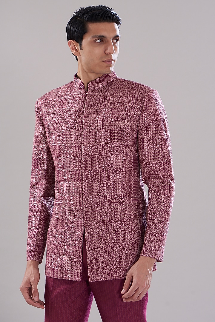 Maroon Moonga Silk Embroidered Wedding Bandhgala Set by PUNEET KAPOOR LABEL at Pernia's Pop Up Shop