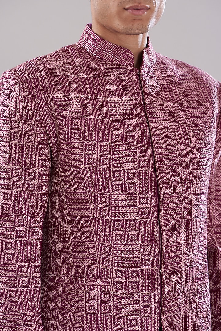 Maroon Moonga Silk Embroidered Wedding Bandhgala Set by PUNEET KAPOOR LABEL at Pernia's Pop Up Shop