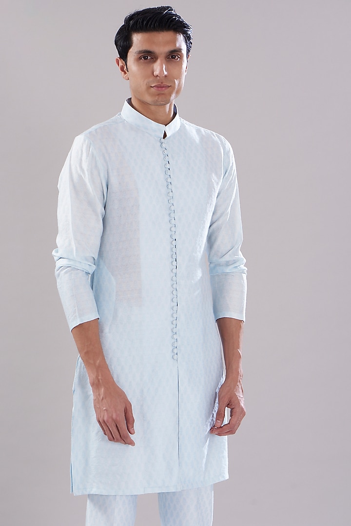 Powder Blue Texture Kurta Set by PUNEET KAPOOR LABEL at Pernia's Pop Up Shop