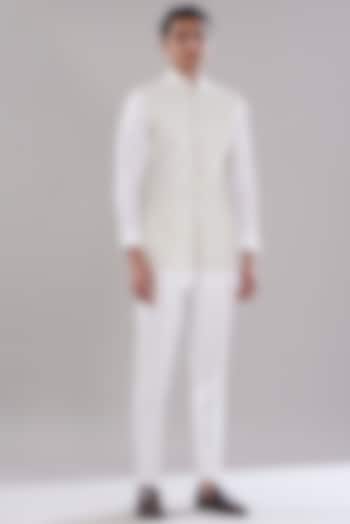 Ivory Texture Nehru Jacket Set by PUNEET KAPOOR LABEL