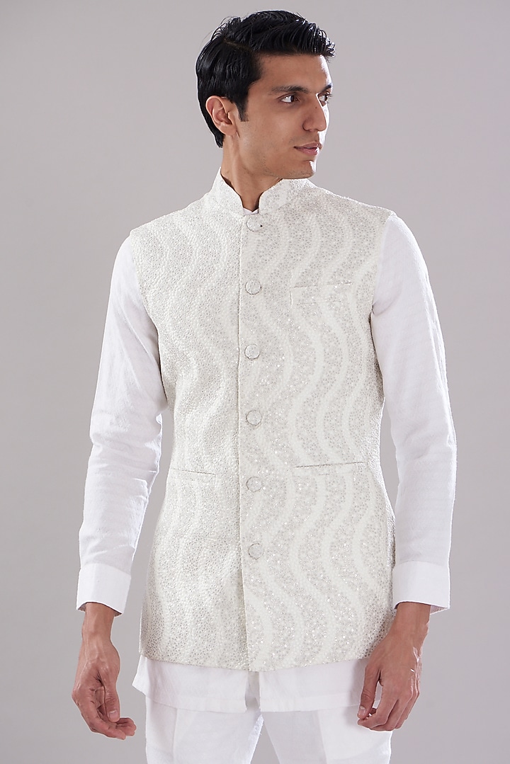 Ivory Texture Nehru Jacket Set by PUNEET KAPOOR LABEL at Pernia's Pop Up Shop