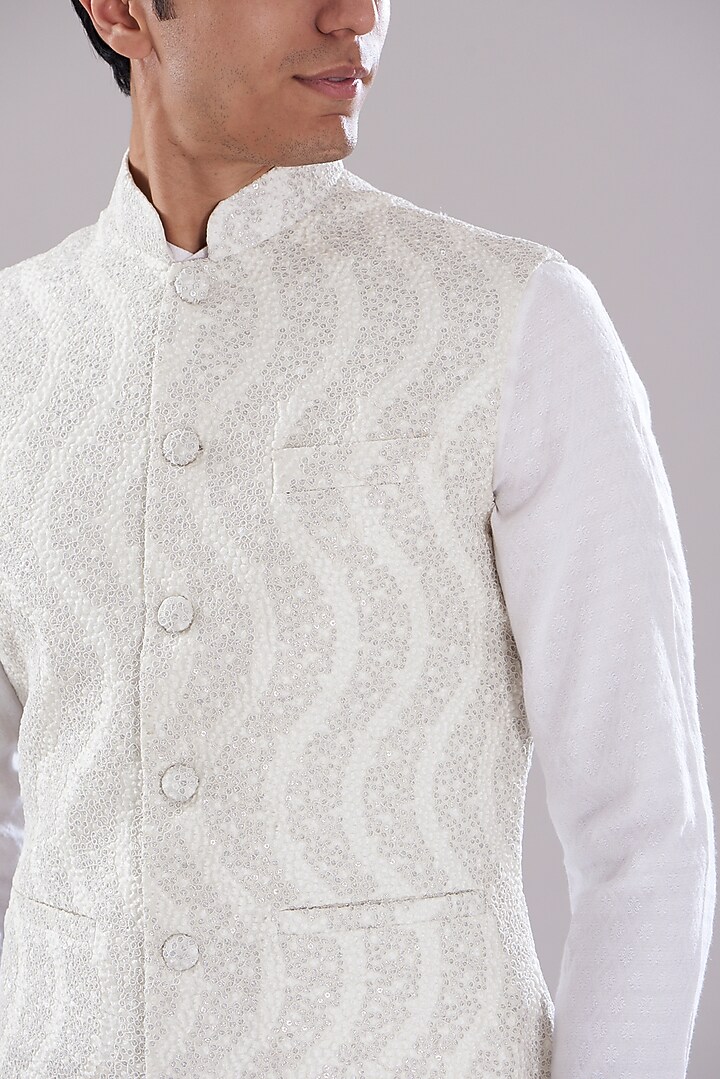 Ivory Texture Nehru Jacket Set by PUNEET KAPOOR LABEL at Pernia's Pop Up Shop