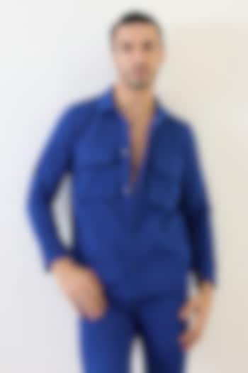 Electric Blue Crepe Jacket-Style Shirt by PUNEET KAPOOR LABEL