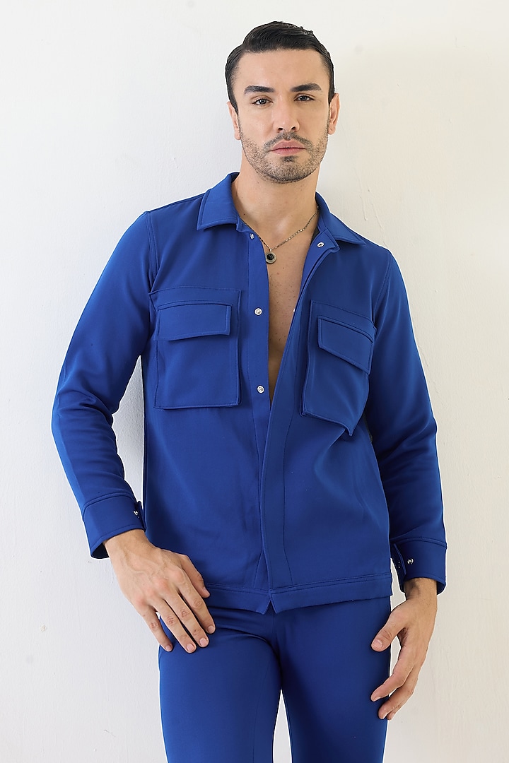 Electric Blue Crepe Jacket-Style Shirt by PUNEET KAPOOR LABEL