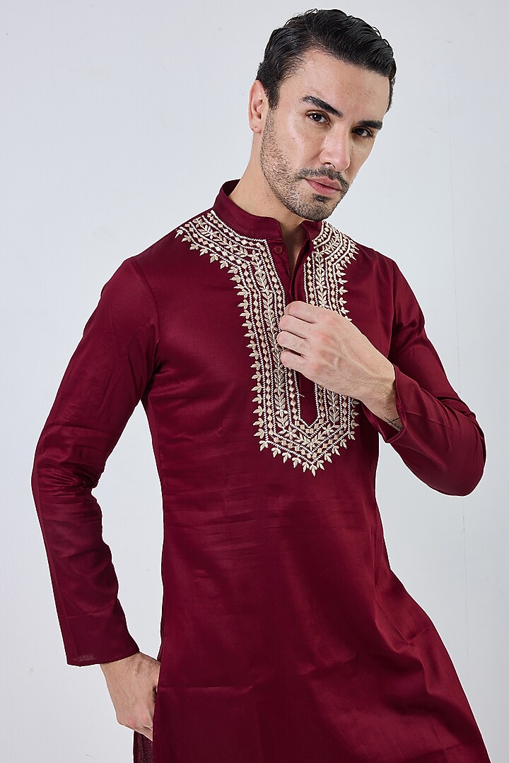 Maroon Red Cotton Thread Work Kurta by PUNEET KAPOOR LABEL at Pernia's Pop Up Shop