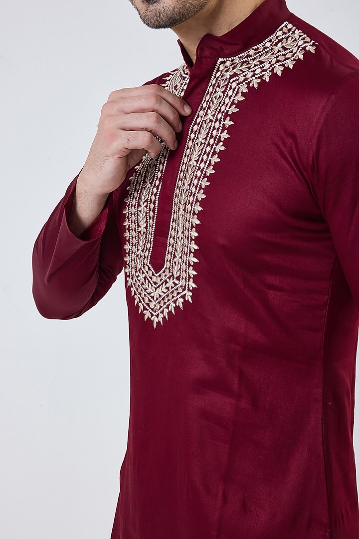 Maroon Red Cotton Thread Work Kurta by PUNEET KAPOOR LABEL at Pernia's Pop Up Shop