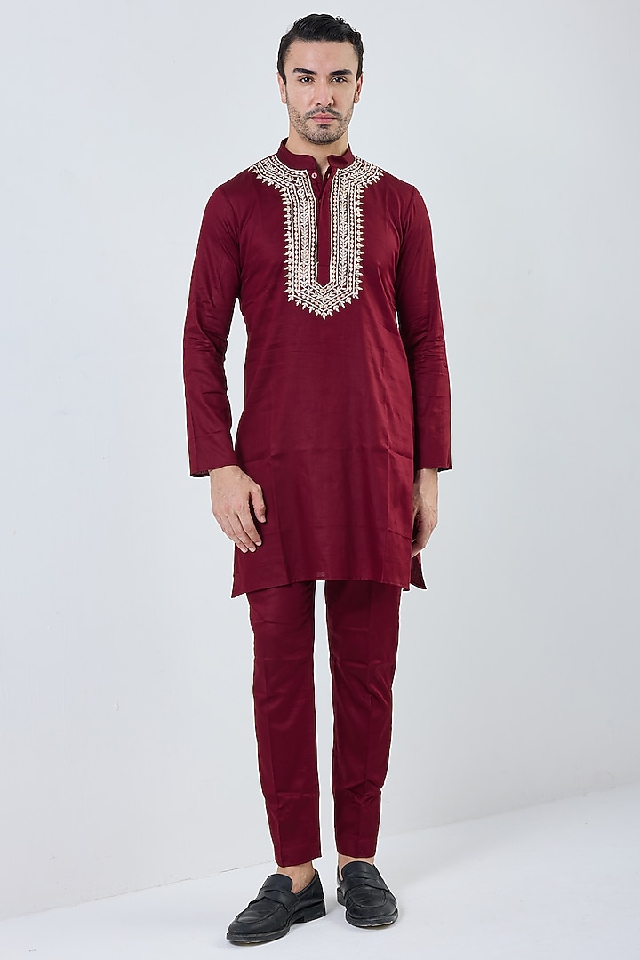 Maroon Red Cotton Thread Work Kurta by PUNEET KAPOOR LABEL at Pernia's Pop Up Shop