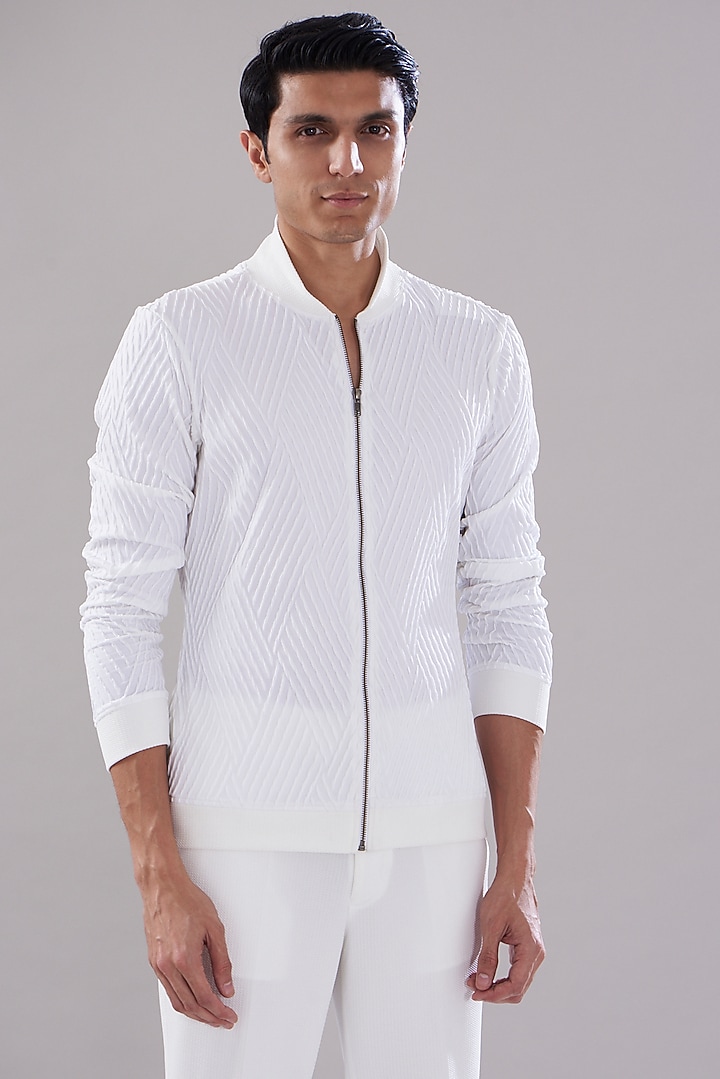White Texture Stretch Bomber Jacket by PUNEET KAPOOR LABEL at Pernia's Pop Up Shop