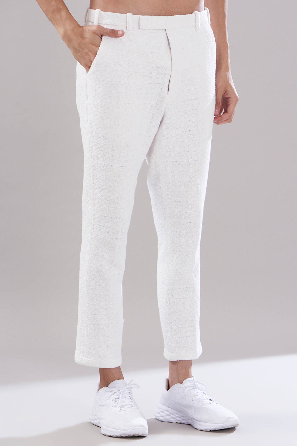 White Jacquard Linen Pants by PUNEET KAPOOR LABEL at