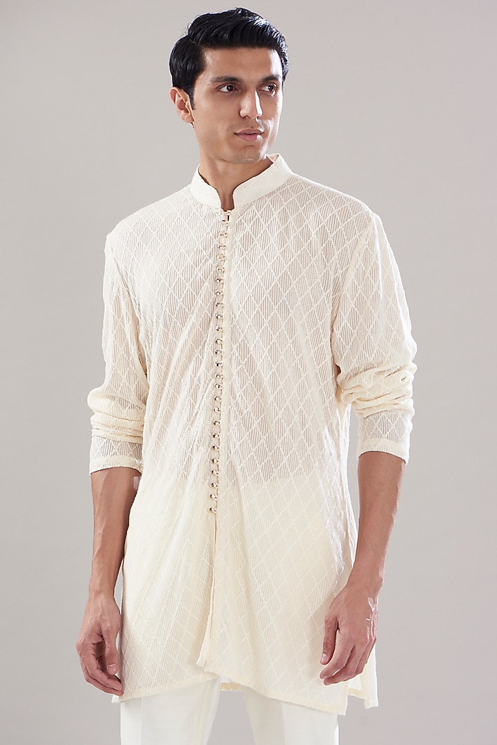 Cream Weave Cotton Printed Kurta by PUNEET KAPOOR LABEL at Pernia's Pop Up Shop