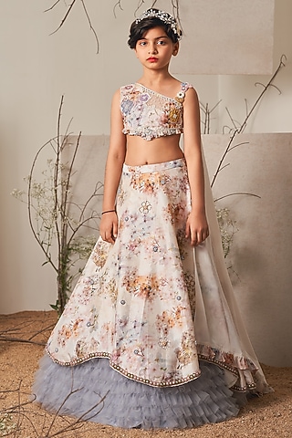 Ivory & Grey Crepe Printed Lehenga Set For Girls by Potloo by Merge