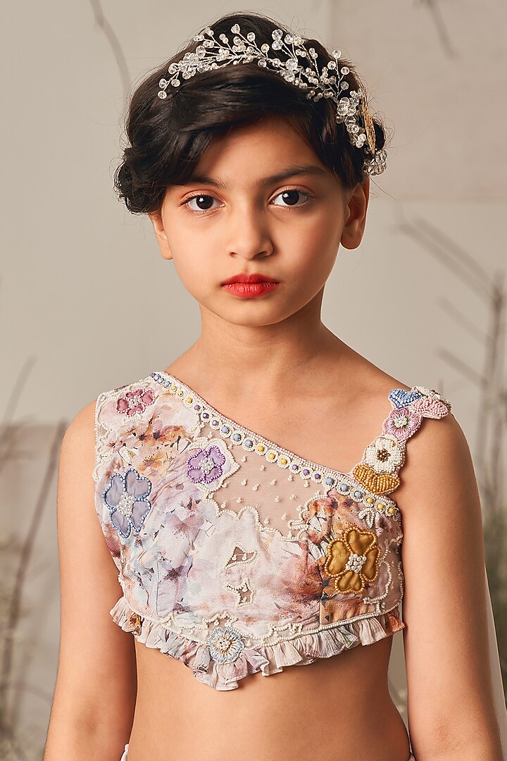 Ivory & Grey Crepe Printed Lehenga Set For Girls by Potloo by Merge at Pernia's Pop Up Shop